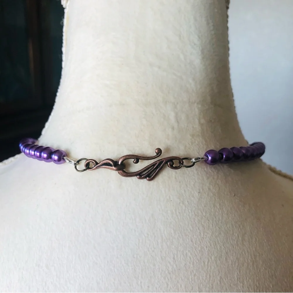 Handcrafted repurpose purple enamel raindrop pendant Czech glass Pearl necklace